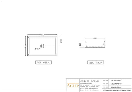 TABLE TOP WASH BASIN - ARTIZE SWARE -  ( WHITE - ANGELO - 600x400 mm - 24inchX16inch )