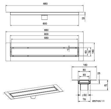 SHOWER CHANNEL DRAINR W/BASE CONTRL UNIT - AQUANT - ( 304 STAINLESS STEEL - INVISIBLE TILE INSRT - 0x600 mm - 0inchX24inch )