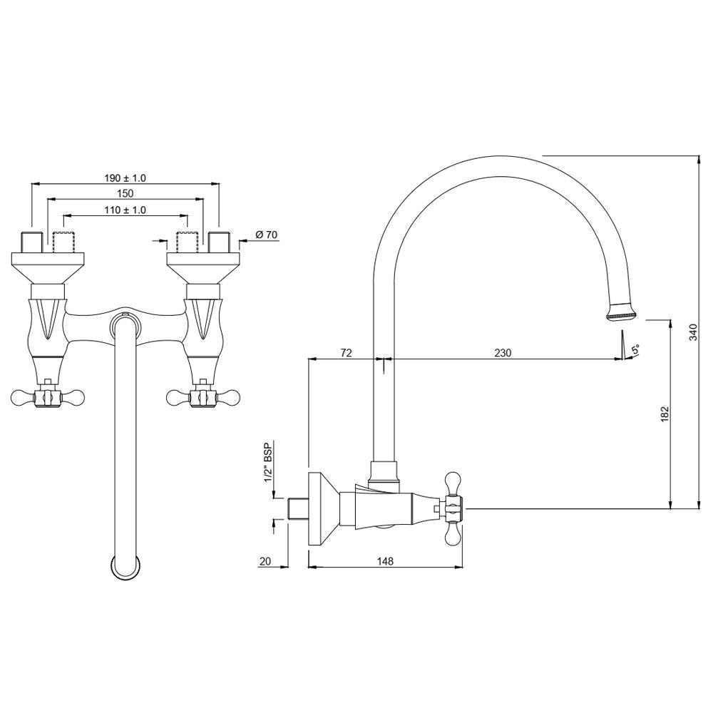 SINK MIXER WITH REGULAR SWINGING SPOUT WITH CONNECTING LEGS & WALL FLANGES (WALL MOUNTED) - JAQUAR FAUCETS - (BLACK CHROME - QUEENS PRIME - 0x15 mm - 0inchX0.5inch)