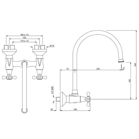 SINK MIXER WITH REGULAR SWINGING SPOUT WITH CONNECTING LEGS & WALL FLANGES (WALL MOUNTED)- JAQUAR FAUCETS - ( BLACK CHROME - QUEENS PRIME - 0x15 mm - 0inchX0.5inch )