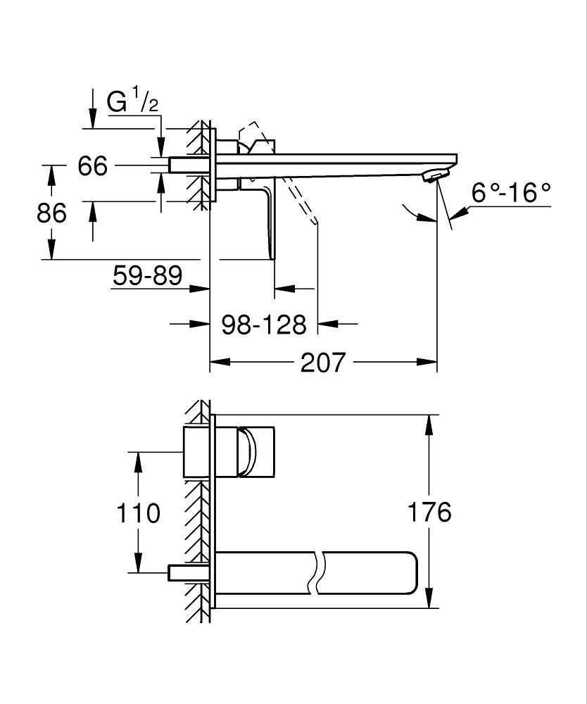 LINEARE 2-HOLE, 1-HANDLE WALL-MOUNT BASIN MIXER, L SIZE - GROHE -  ( BRUSHED HARD GRAPHITE - G5 - LINEARE - 0x0 mm - 0inchX0inch )