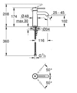 ESSENCE 1-HANDLE BASIN MIXER WITHOUT POP-UP, S SIZE - GROHE -  ( HARD GRAPHITE - G5 - ESSENCE - 0x10 mm - 0inchX0.38inch )