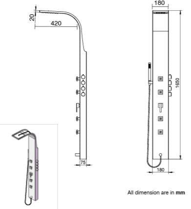 SHOWER PANEL 304 STAINLESS STEEL - AQUANT - ( METALLIC BRUSHED FINISH - - 0x15 mm - 0inchX0.5inch )