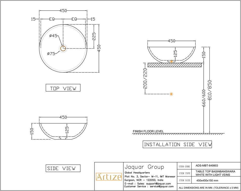 TABLE TOP WASH BASIN - ARTIZE SWARE -  ( WHITE - ARTIZE PLUS - 450x450 mm - 18inchX18inch )