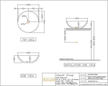 TABLE TOP WASH BASIN - ARTIZE SWARE -  ( WHITE - ARTIZE PLUS - 450x450 mm - 18inchX18inch )