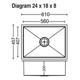 1 BOWL W/O DRAINBOARD (DEPTH 8INCH) THK 0.8MM - CARYSIL -  ( MATT - QUADRO CLASSIC - 610x457 mm - 24inchX18inch )