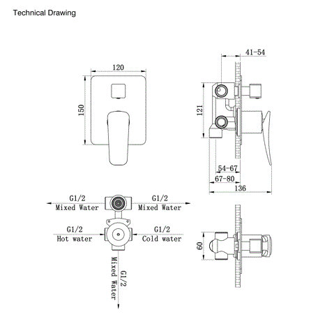 SINGLE LEVER DVTR W/3 OUTLETS CONC.BODY - AQUANT -  ( MATT BLACK -  - 0x15 mm - 0inchX0.5inch )