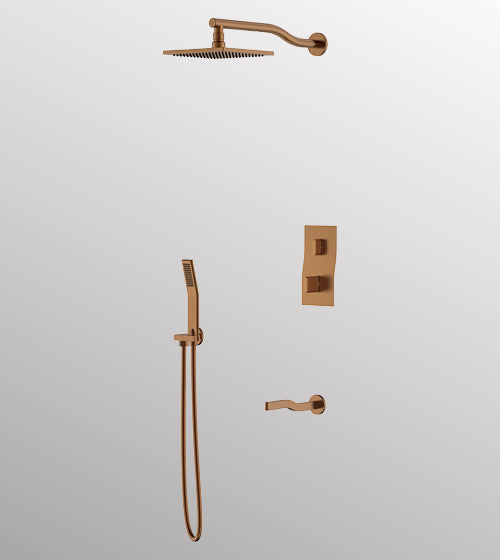 SHOWER SET W/BRASS RAIN SHOWER SIZE 250 MM W/BRASS SHOWER ARM SIZE 400 MM W/PROGRESSIVE CARTRIDGE DIVT W/CONC BODY 3 O/L 15MM INLET W/HAND SHOWER SET WITH 1.5MTR SHOWER TUBE W/WALL OUTLET WITH IN BUILT HOOK & PLAIN SPOUT - AQUANT -  ( BRUSHED ROSE GOLD -