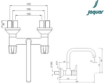 SINK MIXER WITH PIPE SWINGING SPOUT (WALL MOUNTED MODEL)WITH CONNECTING LEGS & WALL FLANGES - JAQUAR FAUCETS - ( CHROME - CONTINENTAL PRIME - 0x15 mm - 0inchX0.5inch )