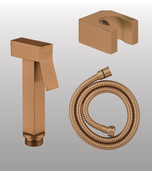 BRASS HEALTH FAUCET SET SQUARE SHAPE INCLUDES HEALTH FAUCET HANDLE , HOOK & 1 MTR FLEXIBLE HOSE - AQUANT -  ( BRUSHED ROSE GOLD -  - 0x0 mm - 0inchx0inch )