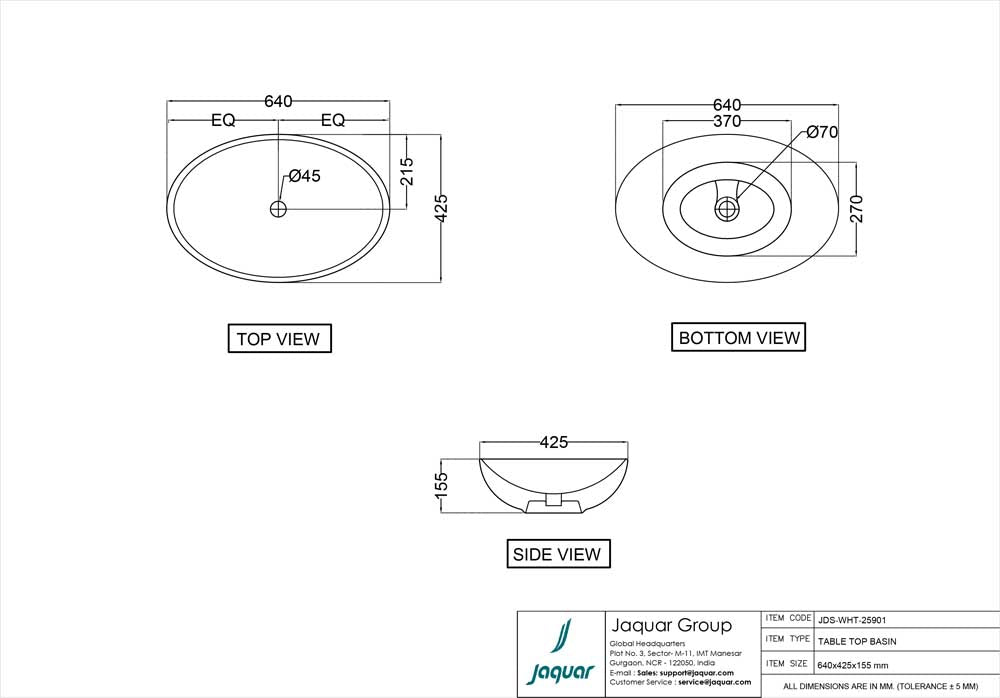 TABLE TOP BASIN - JAQUAR SWARE - ( WHITE - JDR - 625x415 mm - 25inchX17inch )