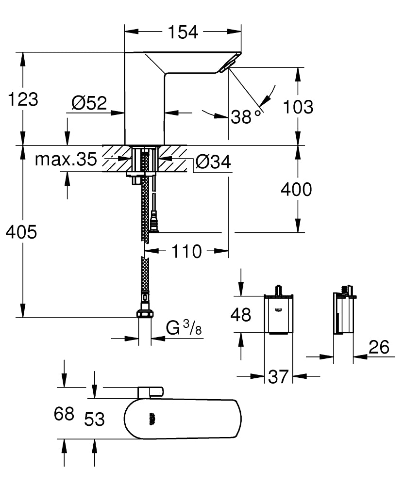 BAUCOSMOPOLITAN E INFRARED BASIN MIXER, DC - GROHE-G2 -  ( CHROME - G2 - BAUCOSMOPOLITAN - 0x15 mm - 0inchX0.6inch )