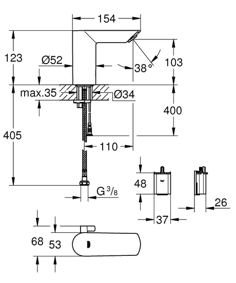 BAUCOSMOPOLITAN E INFRARED BASIN MIXER, DC - GROHE-G2 -  ( CHROME - G2 - BAUCOSMOPOLITAN - 0x15 mm - 0inchX0.6inch )