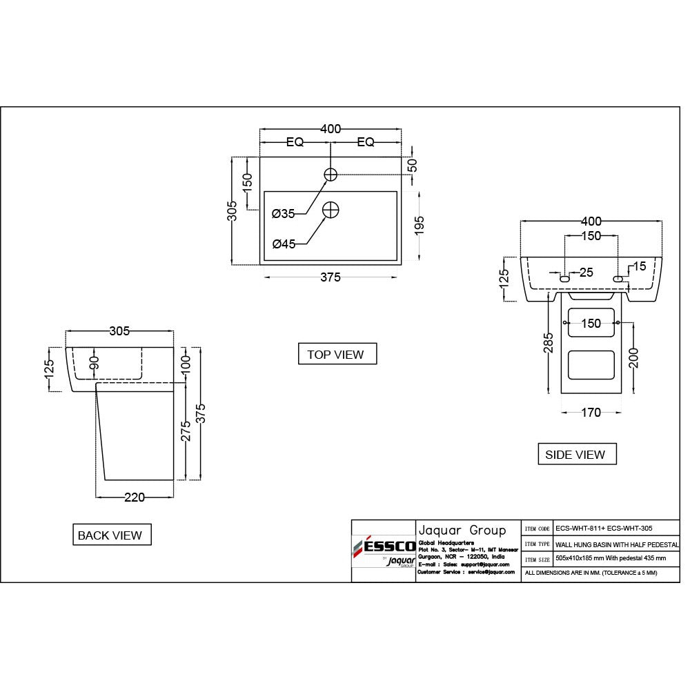 WALL HUNG BASIN WITH FIXING ACCESSORIES W/O PEDESTAL - ESSCO SWARE -  ( WHITE -  - 0x0 mm - 0inchX0inch )