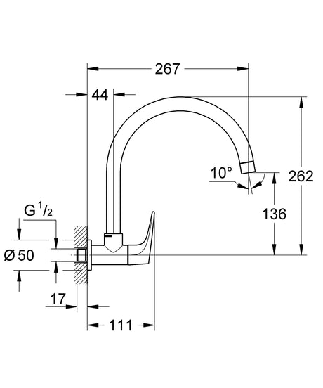 BAUFLOW WALL-MOUNT KITCHEN COLD ONLY TAP - GROHE-G2 -  ( CHROME - G2 - BAUCONTEMPORARY - 0x15 mm - 0inchX0.6inch )
