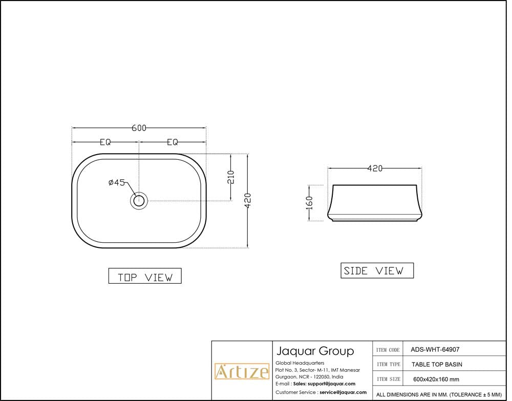 THIN RIM TABLE TOP BASIN - ARTIZE SWARE -  ( BLACK MATT - ARTIZE DESIGNER - 600x420 mm - 24inchX16.8inch )