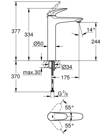EUROSTYLE 2015 SOLID 1-HANDLE BASIN MIXER WITHOUT POP-UP, XL SIZE - GROHE -  ( CHROME - G3 - EUROSTYLE - 0x10 mm - 0inchX0.38inch )