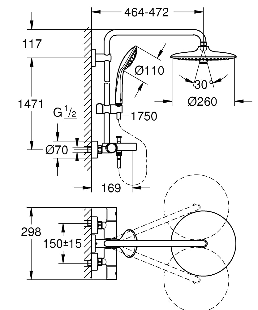 EUPHORIA 260 THERMOSTATIC BATH/SHOWER SYSTEM 9.5L - GROHE -  ( CHROME - G4 - EUPHORIA SYSTEM - 0x15 mm - 0inchX0.6inch )