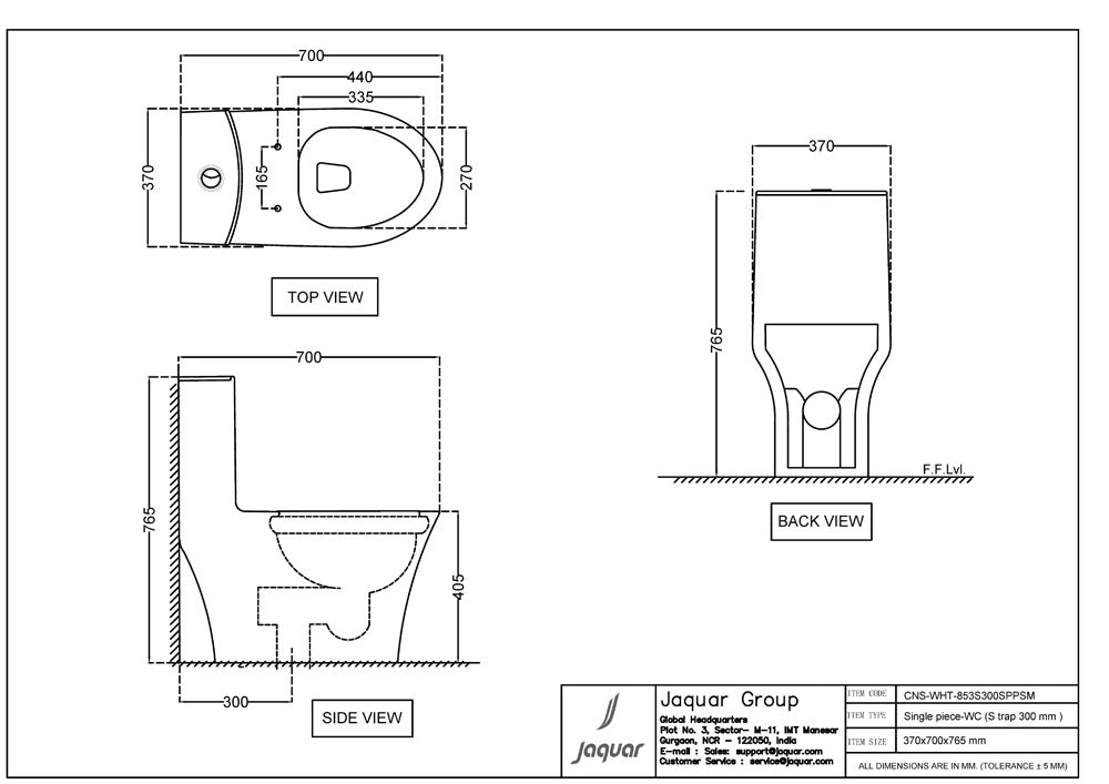 RIMLESS SINGLE PIECE WC W/PP SOFT CLOSE SLIM SEAT CVR - JAQUAR SWARE - ( WHITE - CONTINENTAL - 750x690 mm - 30inchX27.6inch )