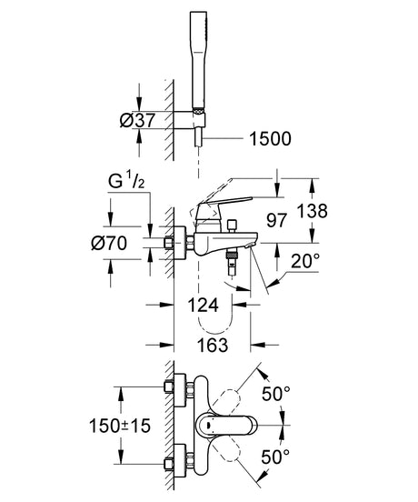 EUROSMART COSMOPOLITAN 1-HANDLE BATH/SHOWER MIXER SET, EXPOSED - GROHE -  ( CHROME - G3 - EUROSMART - 0x0 mm - 0inchX0inch )