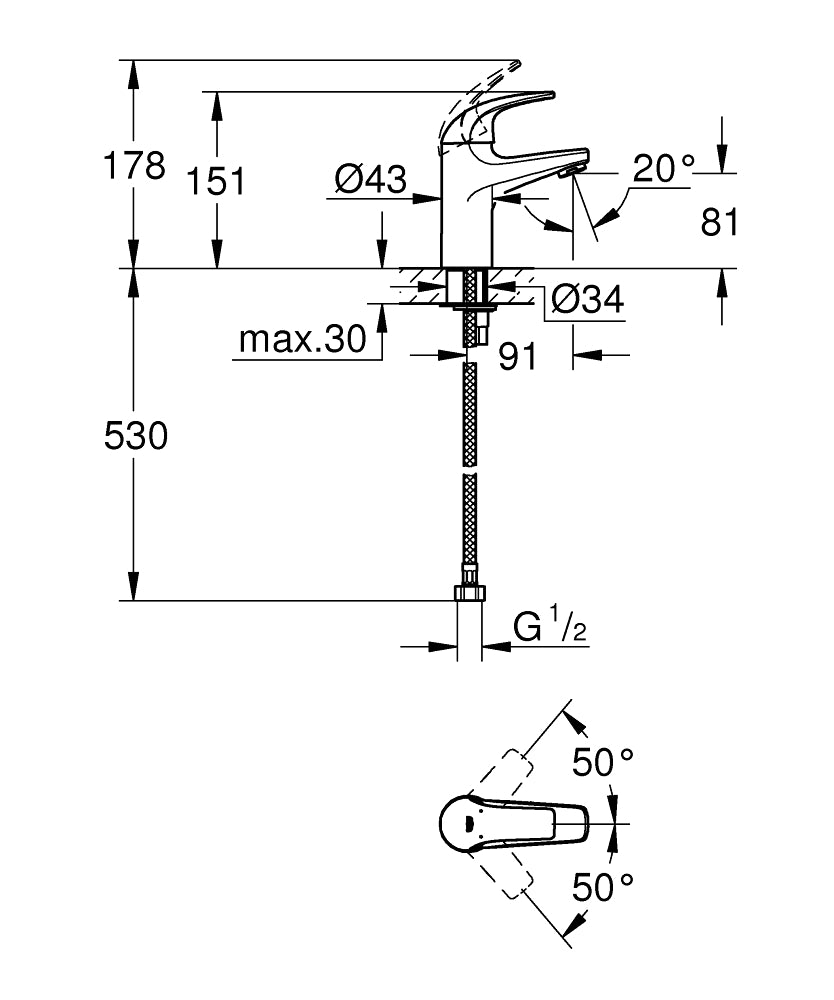 BAUCURVE 1-HANDLE BASIN MIXER WITHOUT POP-UP - GROHE-G2 -  ( CHROME - G2 - BAUCONTEMPORARY - 0x15 mm - 0inchX0.6inch )