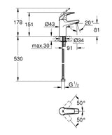 BAUCURVE 1-HANDLE BASIN MIXER WITHOUT POP-UP - GROHE-G2 -  ( CHROME - G2 - BAUCONTEMPORARY - 0x15 mm - 0inchX0.6inch )