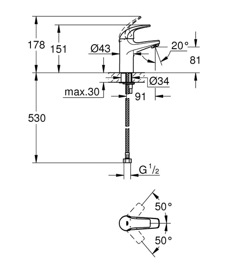 BAUCURVE 1-HANDLE BASIN MIXER WITHOUT POP-UP - GROHE-G2 -  ( CHROME - G2 - BAUCONTEMPORARY - 0x15 mm - 0inchX0.6inch )