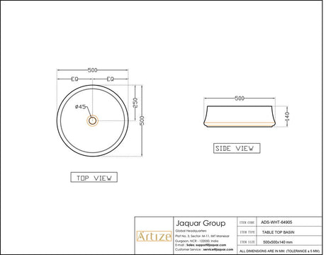 TABLE TOP BASIN - ARTIZE SWARE -  ( WHITE - ARTIZE DESIGNER - 500x445 mm - 20inchX18inch )