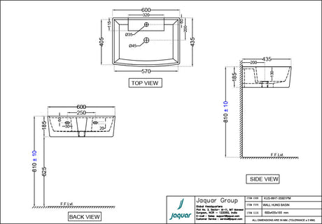 WALL HUNG BASIN WITH FIXING ACCESSORIES - JAQUAR SWARE - ( WHITE - KUBIX - 600x435 mm - 24inchX17.4inch )