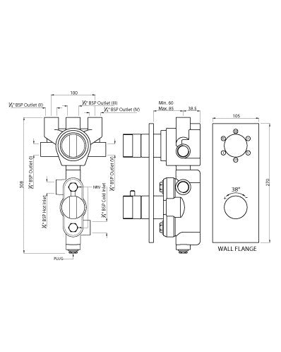 THERMATIK-R CONCEALED THERMOSTAT WITH CONTROL UNIT FOR 5-OUTLETS AND INTEGRATED SHUT-OFF VALVE - ARTIZE FAUCET -  ( CHROME - THERMATIK-R - 0x20 mm - 0inchX0.75inch )