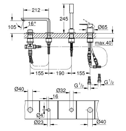 LINEARE 4-HOLE 1-HANDLE BATH COMBINATION - GROHE -  ( BRUSHED HARD GRAPHITE - G5 - LINEARE - 0x0 mm - 0inchX0inch )