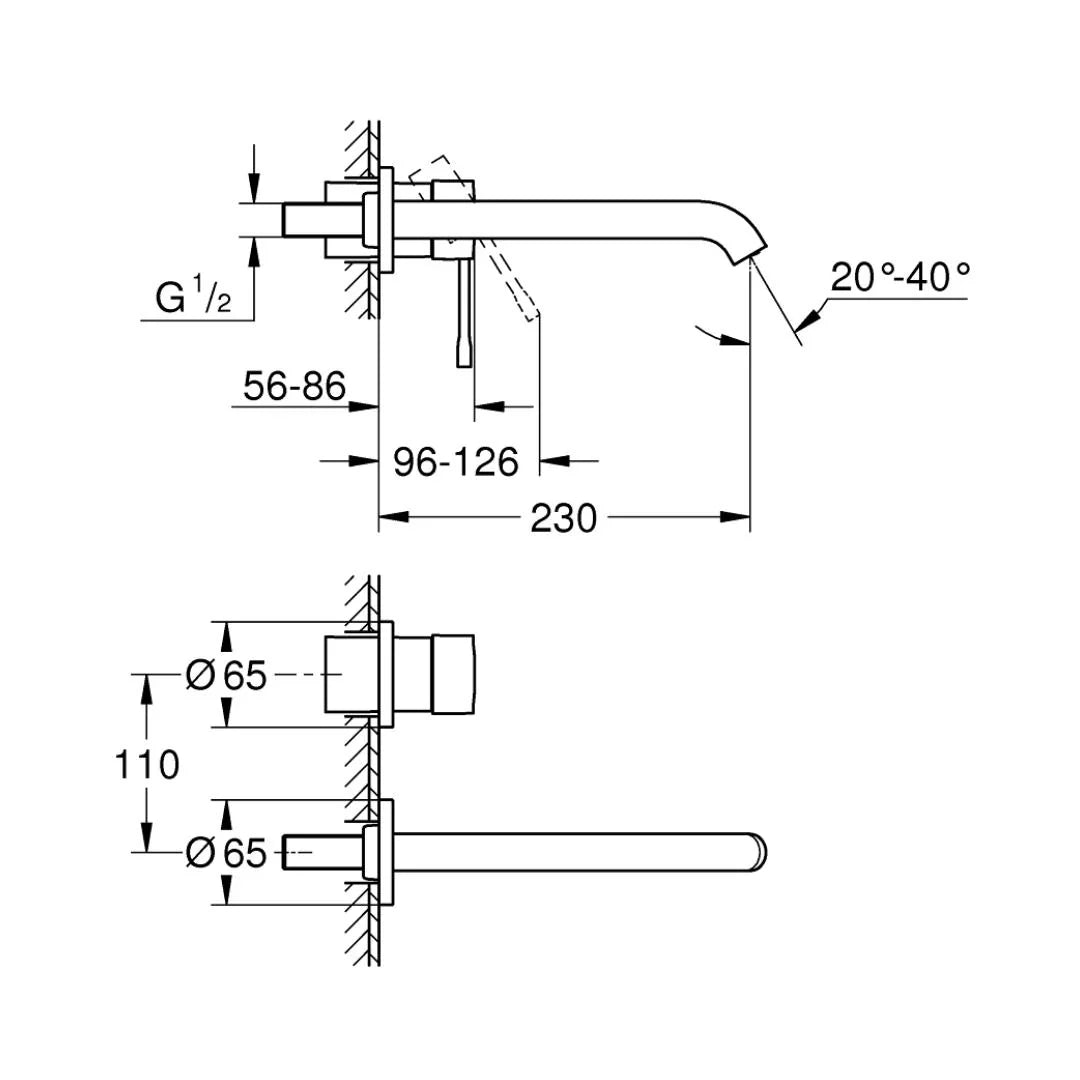 ESSENCE 2-HOLE, 1-HANDLE WALL-MOUNT BASIN MIXER, L SIZE - GROHE -  ( HARD GRAPHITE - G5 - ESSENCE - 0x15 mm - 0inchX0.5inch )