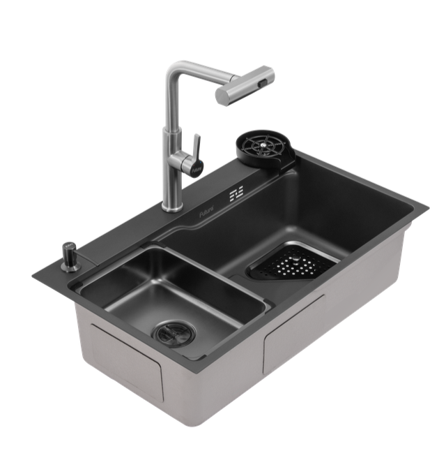 1.0 BOWL SS KITCHEN SINK WITH GR-001 WAST COUPLING , GR-003 PULLOUT TALL FAUCET,FR-004 SS SMALL BOWL, GR-006 CHOPPING BOARD, GR-008 GLASS RINSER & GR-010 LIQUID SOAP DISPENSER - FUTURA -  ( BLACK - GLASS RINSER SINK - 750x450 mm - 30inchX18inch )