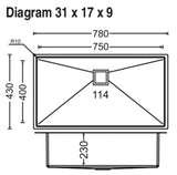 1 BOWL W/O DRAIN BROARD (DEPTH 9INCH) THK 1MM - CARYSIL -  ( MATT - MICRO RADIUS R10 - 780x430 mm - 31inchX17inch )