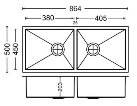 2 BOWL W/O DRAINBOARD(DEPTH 8INCH) THK 1MM - CARYSIL -  ( MATT - QUADRO - 860x500 mm - 34inchX20inch )