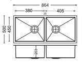 2 BOWL W/O DRAINBOARD(DEPTH 8INCH) THK 1MM - CARYSIL -  ( MATT - QUADRO - 860x500 mm - 34inchX20inch )