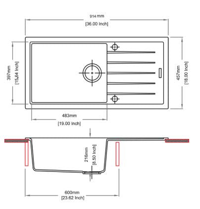 QUARTZ 1.0 BOWL WITH DRAINBOARD(DEPTH 8INCH) - CARYSIL -  ( GRANITE METALLIC EXPRESSO - VIVALDI - 914.4x457.2 mm - 36inchX18inch )