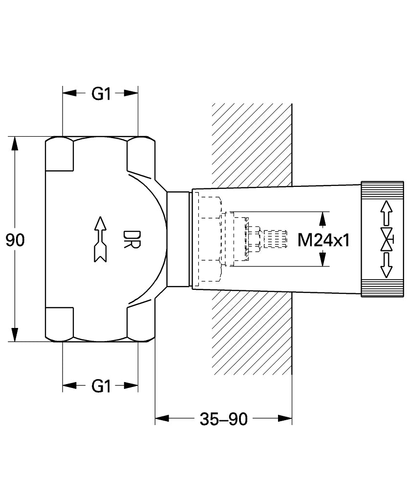 CONCEALED VALVE BODY 1INCH - GROHE -  ( CHROME - G3 - NON RAPIDO - 0x25 mm - 0inchX1inch )