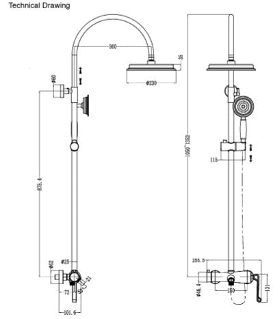 OPEN MIXER SHOWER SET W/BRASS RAIN SHOWER SIZE 200 MM W/HAND SHOWER WITH 1.5 MTR FLEXIBLE HOSE W/HIDDEN IN BUILT SPOUT - AQUANT - ( BRUSHED GOLD - HERITAGE SERIES - 1500x1200 mm - 60inchX48inch )