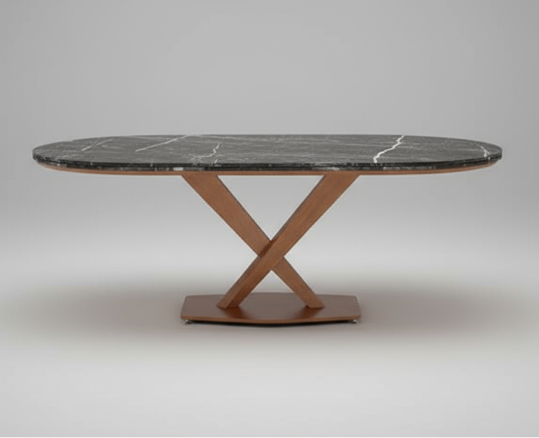 Dining table with marble-like top and metal base in a warehouse setting