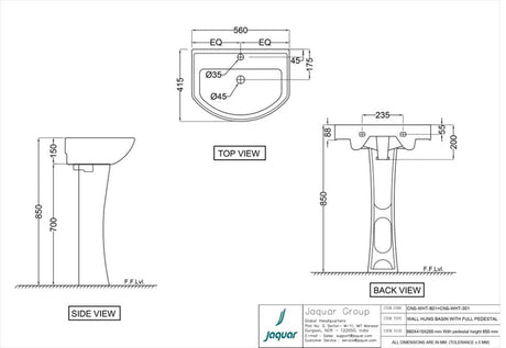WASH BASIN WALL HUNG - JAQUAR SWARE - ( WHITE - CONTINENTAL - 540x400 mm - 21inchX16inch )