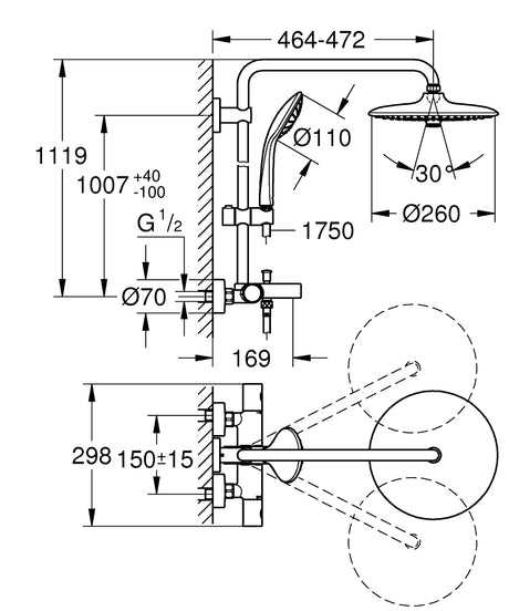 EUPHORIA 260 THERMOSTATIC BATH/SHOWER SYSTEM - GROHE -  ( CHROME - G4 - EUPHORIA SYSTEM - 0x0 mm - 0inchX0inch )