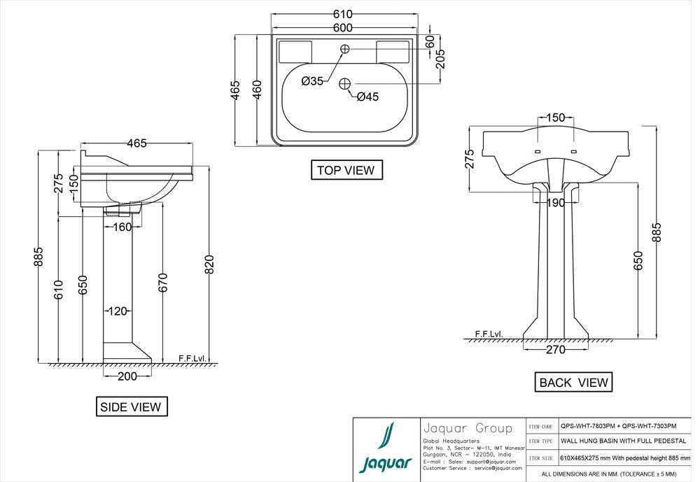 WALL HUNG BASIN WITH FIXING ACCESSORIES - JAQUAR SWARE - ( WHITE - QUEENS PRIME - 610x465 mm - 18.6inchX0inch )