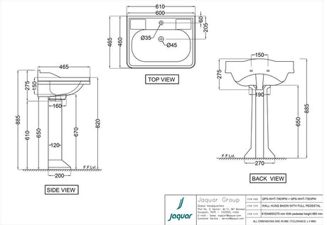 WALL HUNG BASIN WITH FIXING ACCESSORIES - JAQUAR SWARE - ( WHITE - QUEENS PRIME - 610x465 mm - 18.6inchX0inch )