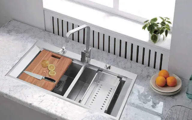 SS 1.2 MM THK KITCHEN SINK 2.0 BOWL (DEPTH 9INCH) WITH FA-02IS FAUCET+FA-07IS LIQ SOAP DISP+FA-08IS COLANDER BASKET+FA-09IS CHOPPING BOARD WITH FA-16IS WASTE COUPLING WITH AUTO DAINER KIT & OVERFLOW - FUTURA -  ( BRUSH SS - HAND CARVED SERIES - 920x500 mm