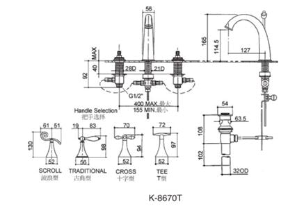 FINIAL TRADITIONAL LAV 8INCH WIDESPREAD - KOHLER LUXURY - (VIBRANT FRENCH GOLD - LUXURY - 0x15 mm -  0inchX0.5inch)