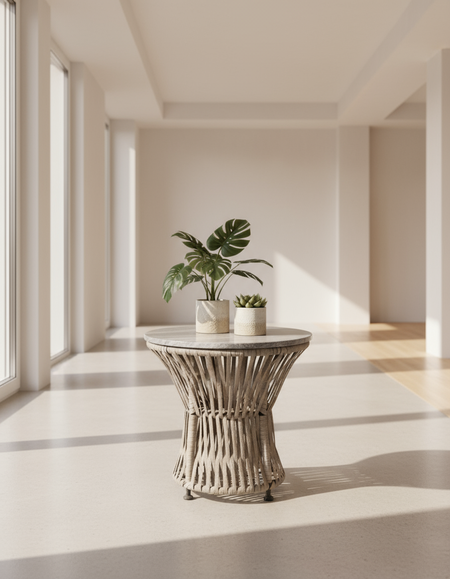 ST8671 OUTDOOR COFFEE TABLE  - FURNITURE GREY MARBLE TOP W/GREY ROPED BASE - FURNITURE - (GREY MARBLE TOPWITH SOLID WOOD IN WALNUT BASE - BUENA CASA - 610x610x533 mm - 24.4inchX24.4inchX21.32inch)