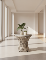 ST8671 OUTDOOR COFFEE TABLE  - FURNITURE GREY MARBLE TOP W/GREY ROPED BASE - FURNITURE - (GREY MARBLE TOPWITH SOLID WOOD IN WALNUT BASE - BUENA CASA - 610x610x533 mm - 24.4inchX24.4inchX21.32inch)