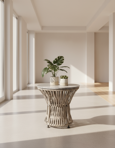 ST8671 OUTDOOR COFFEE TABLE  - FURNITURE GREY MARBLE TOP W/GREY ROPED BASE - FURNITURE - (GREY MARBLE TOPWITH SOLID WOOD IN WALNUT BASE - BUENA CASA - 610x610x533 mm - 24.4inchX24.4inchX21.32inch)