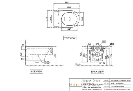 RIMLESS WALL HUNG WC WITH UF SOFT CLOSE SLIM SEAT COVER ( BOLT DISTANCE 7INCH) - ARTIZE SWARE -  ( WHITE - VICTORIAN - 560x370 mm - 14.8inchX0inch )